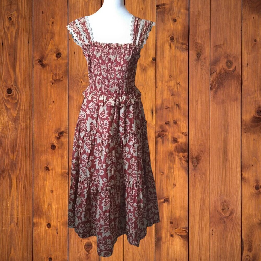 Sea New York Women's Med-Lar? Linda Red Floral Tiered Smocked Floral Midi Dress